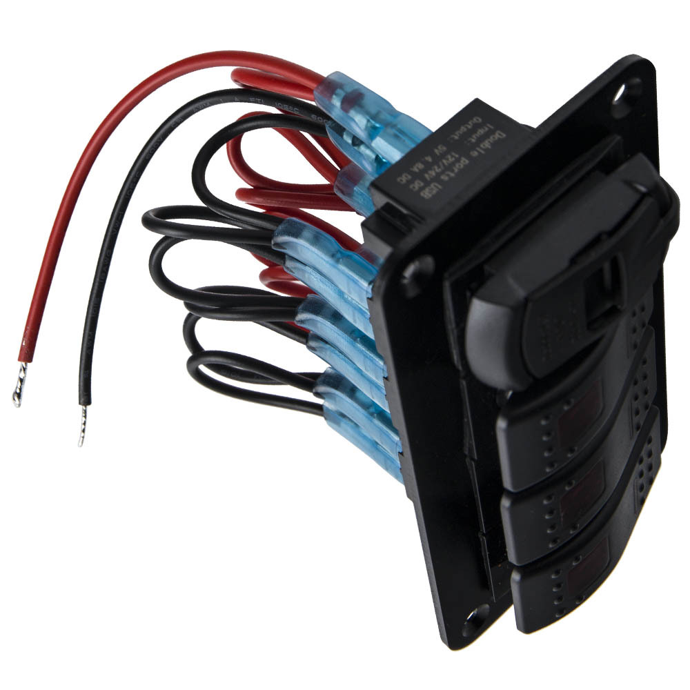 4 Gang Red LED Toggle Rocker Switch Panel w/ USB for Car Boat Marine RV Truck