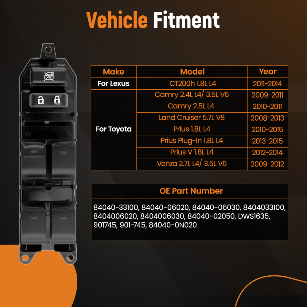 Master Power Window Door Switch compatible for Toyota Camry Prius 2012-2014 84040-33100