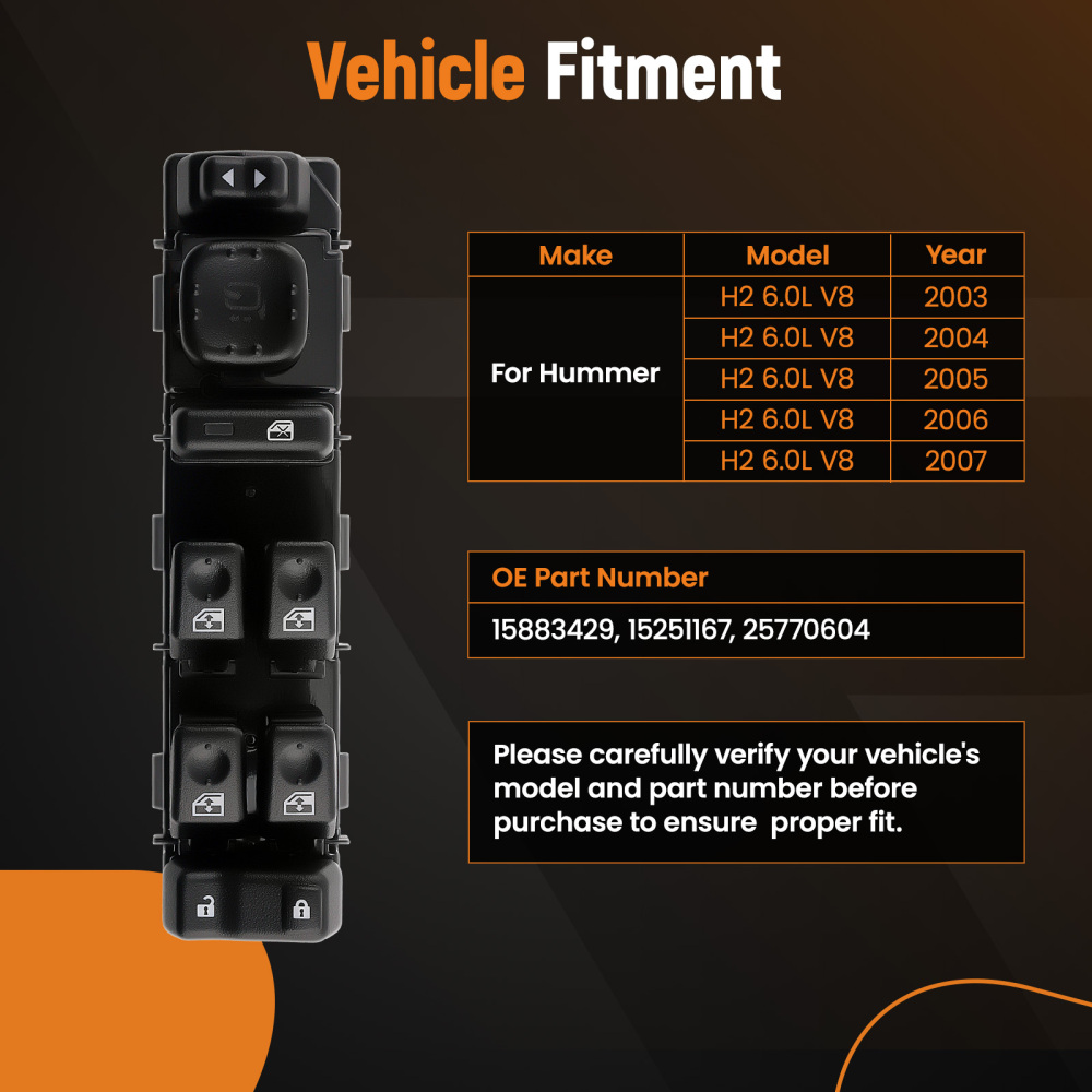 Driver Side Master Power Window Control Switch compatible for Hummer H2 03-07 15883429