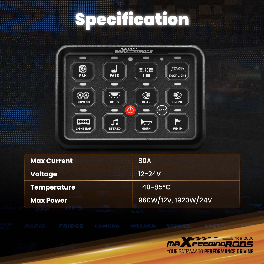 12 Gang Switch Panel Touch Control 80A For Car Truck UTV ATV Boat 12V-24V LED