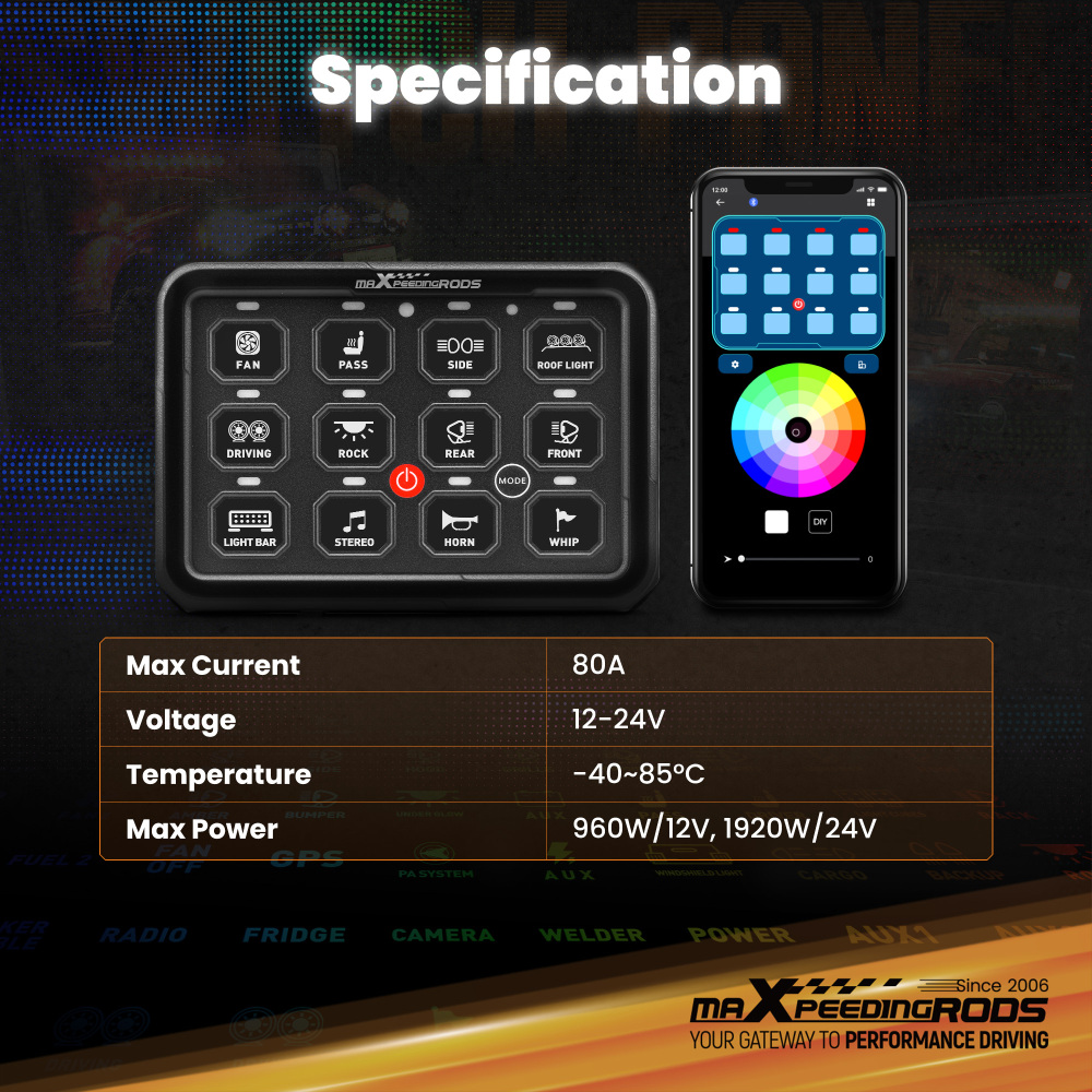 Switch Panel 12 Gang RGB APP Control For Offroad Pickup SUV 960W 12V-24V 1920W