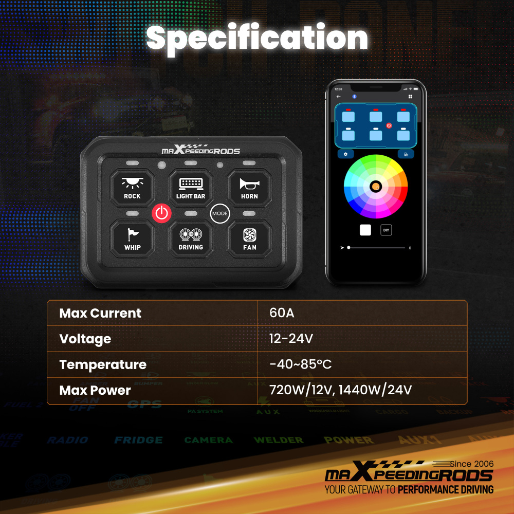 Touch Switch Panel 6 Gang For Off-Road Vehicle SUV Pickup RGB Backlight 60A Max