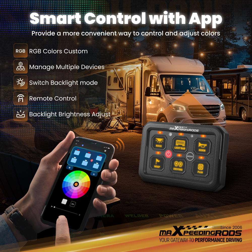 Touch Switch Panel 6 Gang For Off-Road Vehicle SUV Pickup RGB Backlight 60A Max