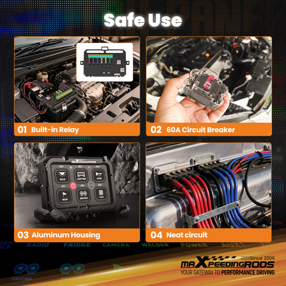 Touch Switch Panel 6 Gang For Off-Road Vehicle SUV Pickup RGB Backlight 60A Max