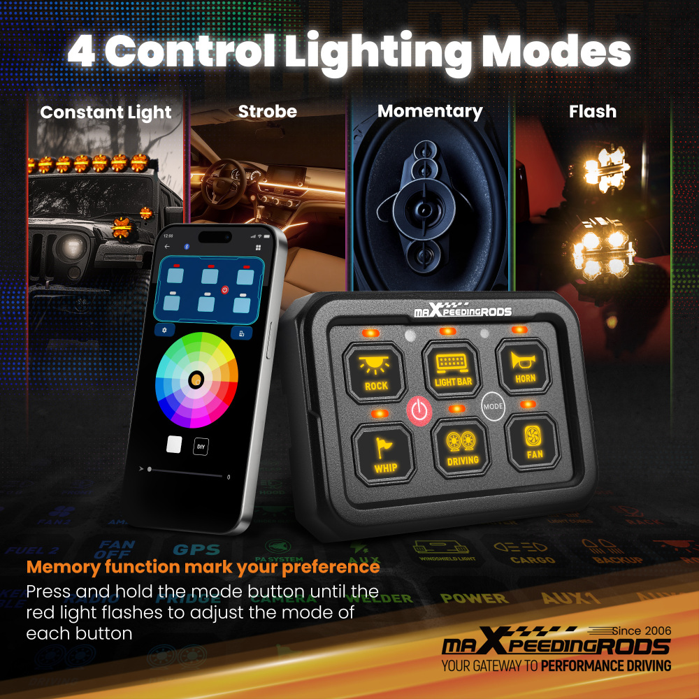 6 Gang RGB Switch Panel APP Remote Control LED Circuit Control Relay Truck SUV