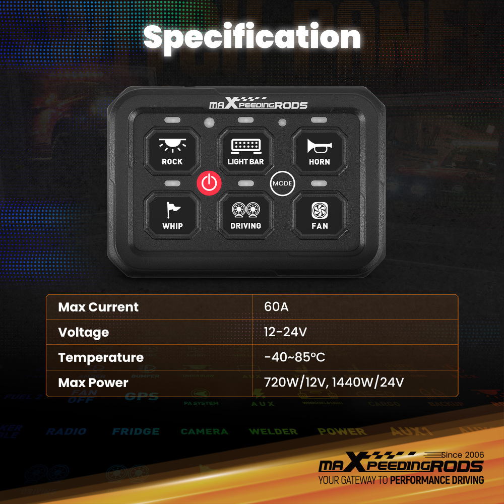 6 Gang RGB Slim Switch Panel Toggle LED Light Circuit Relay System Kit For Car