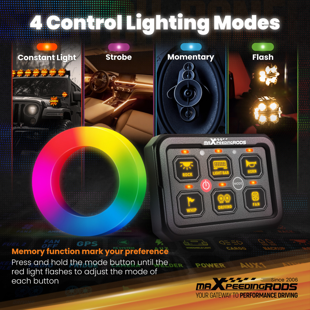 6 Gang RGB Slim Switch Panel Toggle LED Light Circuit Relay System Kit For Car