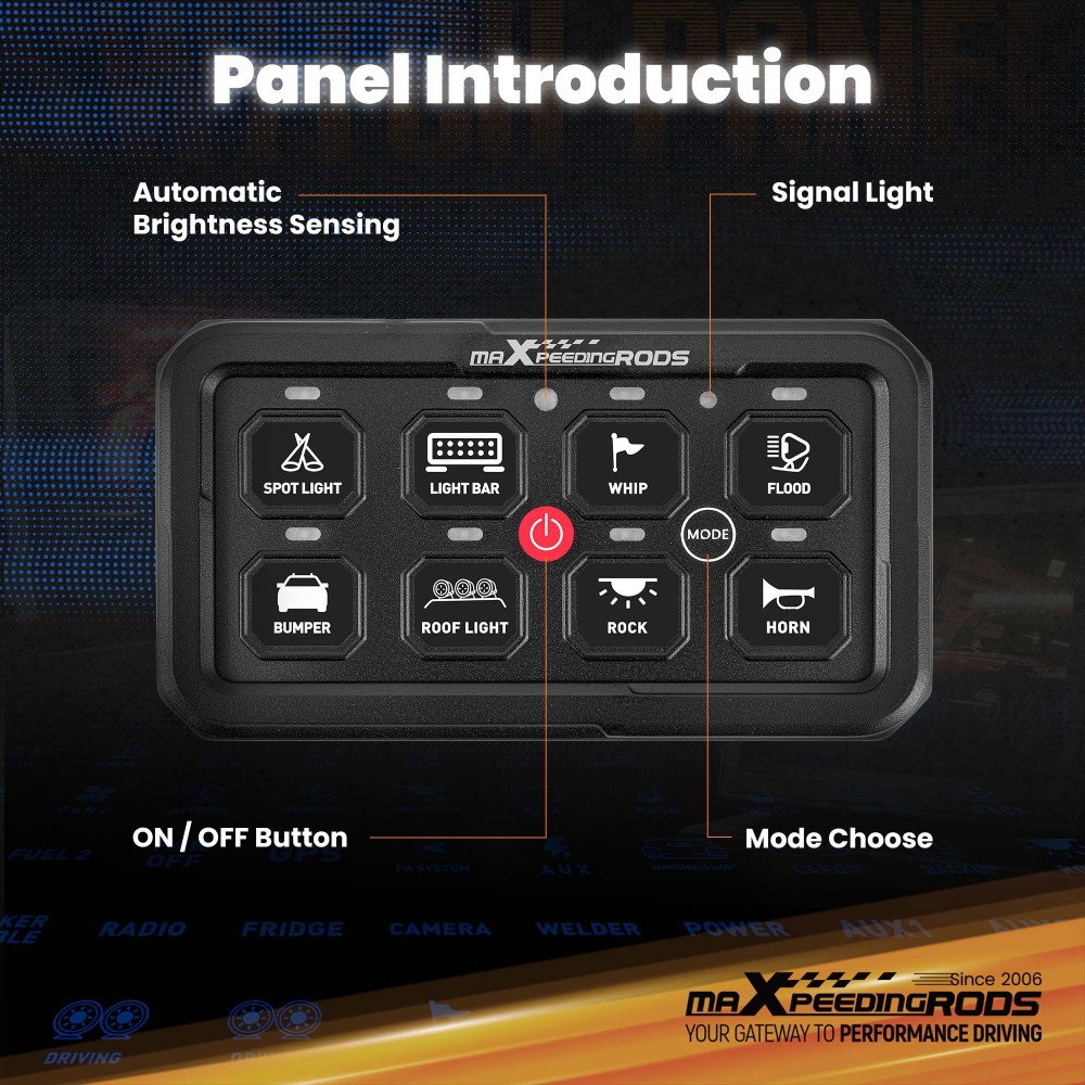 Touch Switch Panel 8 Gang For Universal Pickup UTV ATV 60A Auto Dimming Control