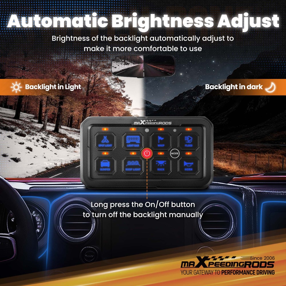 Touch Switch Panel 8 Gang For Universal Pickup UTV ATV 60A Auto Dimming Control