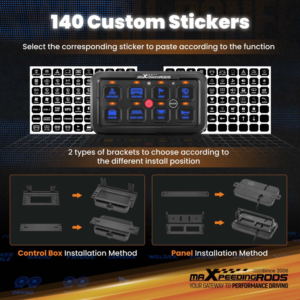 Touch Switch Panel 8 Gang For Universal Pickup UTV ATV 60A Auto Dimming Control