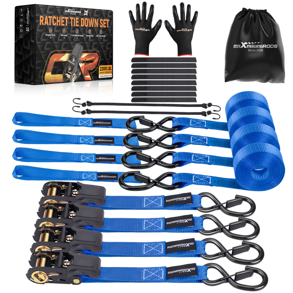 4x Cinghie di Tensione CricchettoGancio a S con clip 25mm * 4,5 Blu 997kg