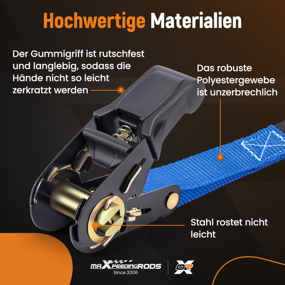 4x Cinghie di Tensione CricchettoGancio a S con clip 25mm * 4,5 Blu 997kg