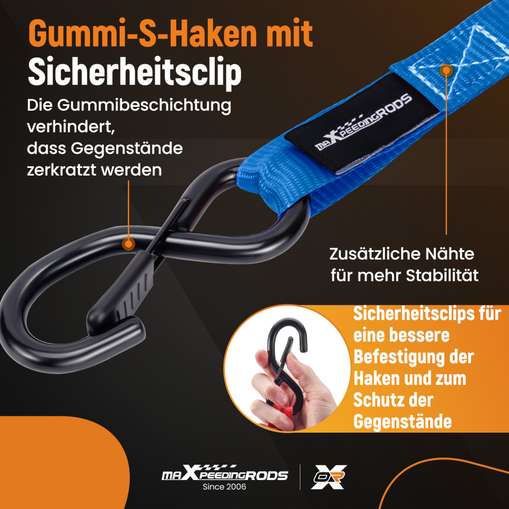 4x Cinghie di Tensione CricchettoGancio a S con clip 25mm * 4,5 Blu 997kg