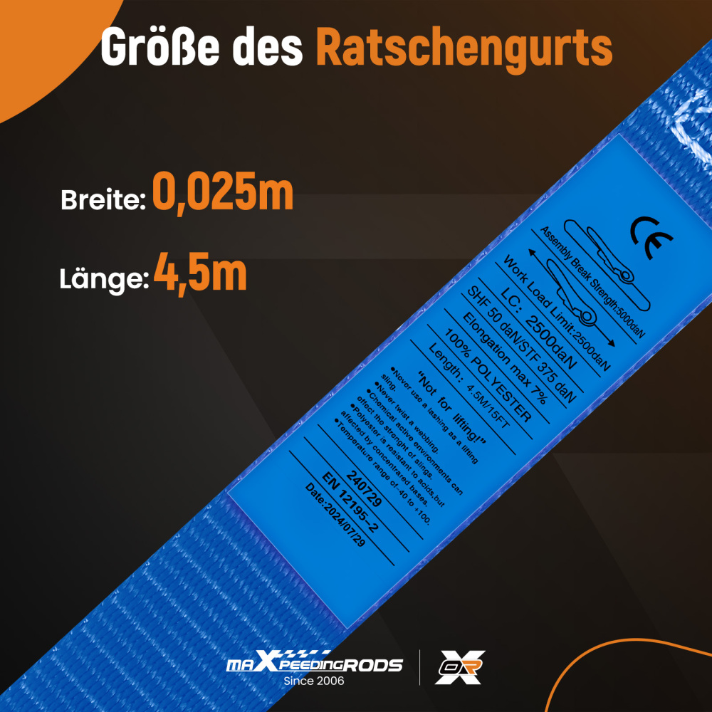 4x Cinghie di Tensione CricchettoGancio a S con clip 25mm * 4,5 Blu 997kg