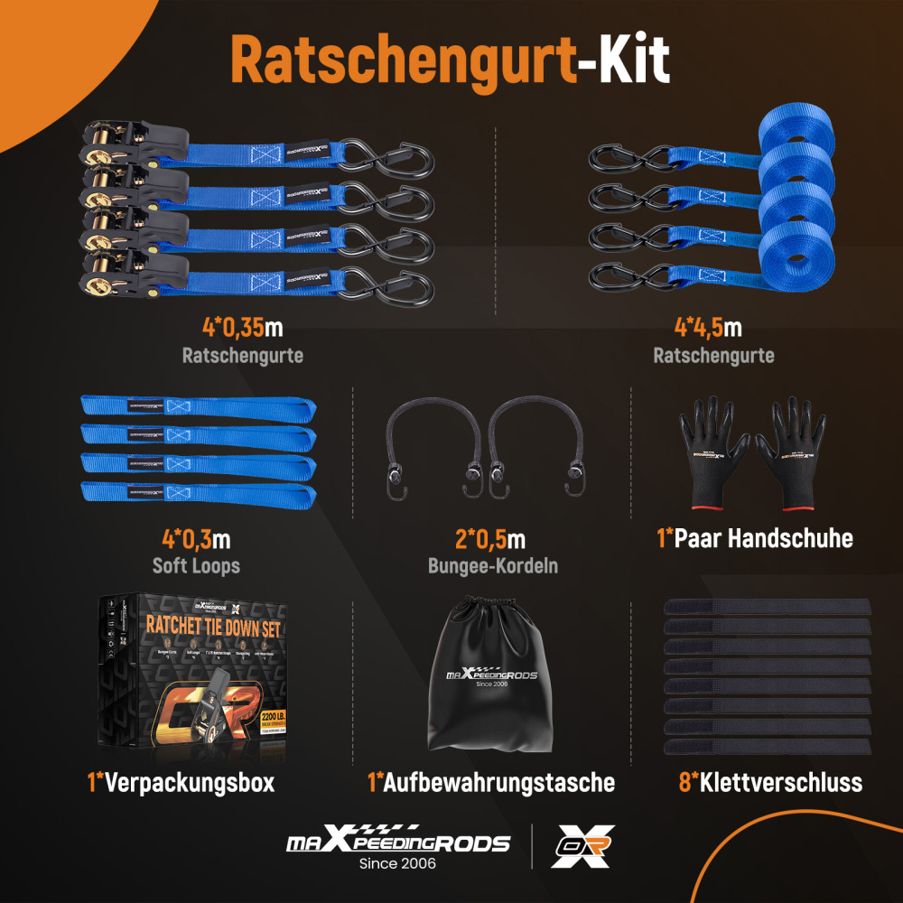 4x Cinghie di Tensione CricchettoGancio a S con clip 25mm * 4,5 Blu 997kg