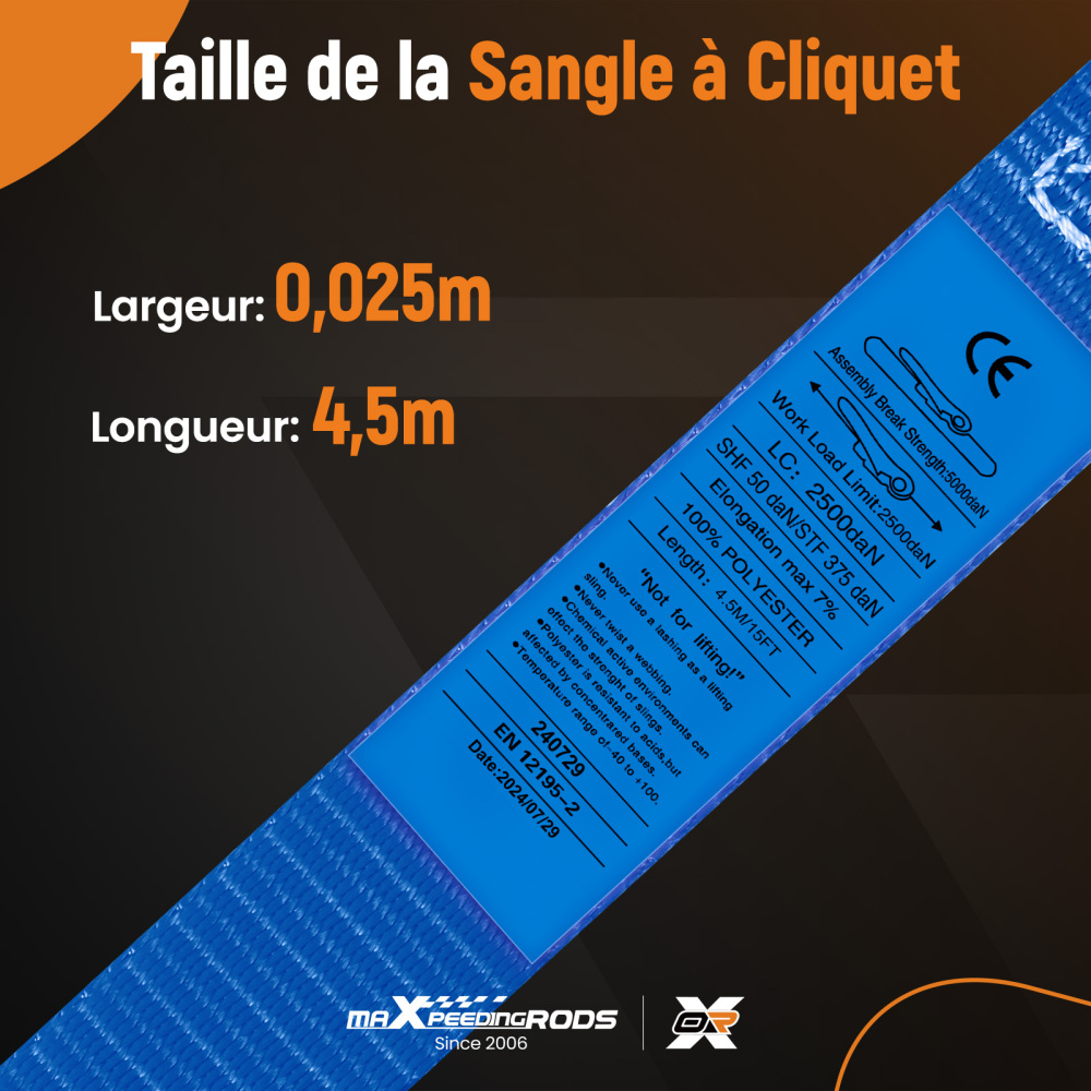 4x Cinghie di Tensione CricchettoGancio a S con clip 25mm * 4,5 Blu 997kg