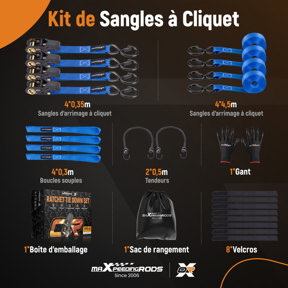 4x Cinghie di Tensione CricchettoGancio a S con clip 25mm * 4,5 Blu 997kg