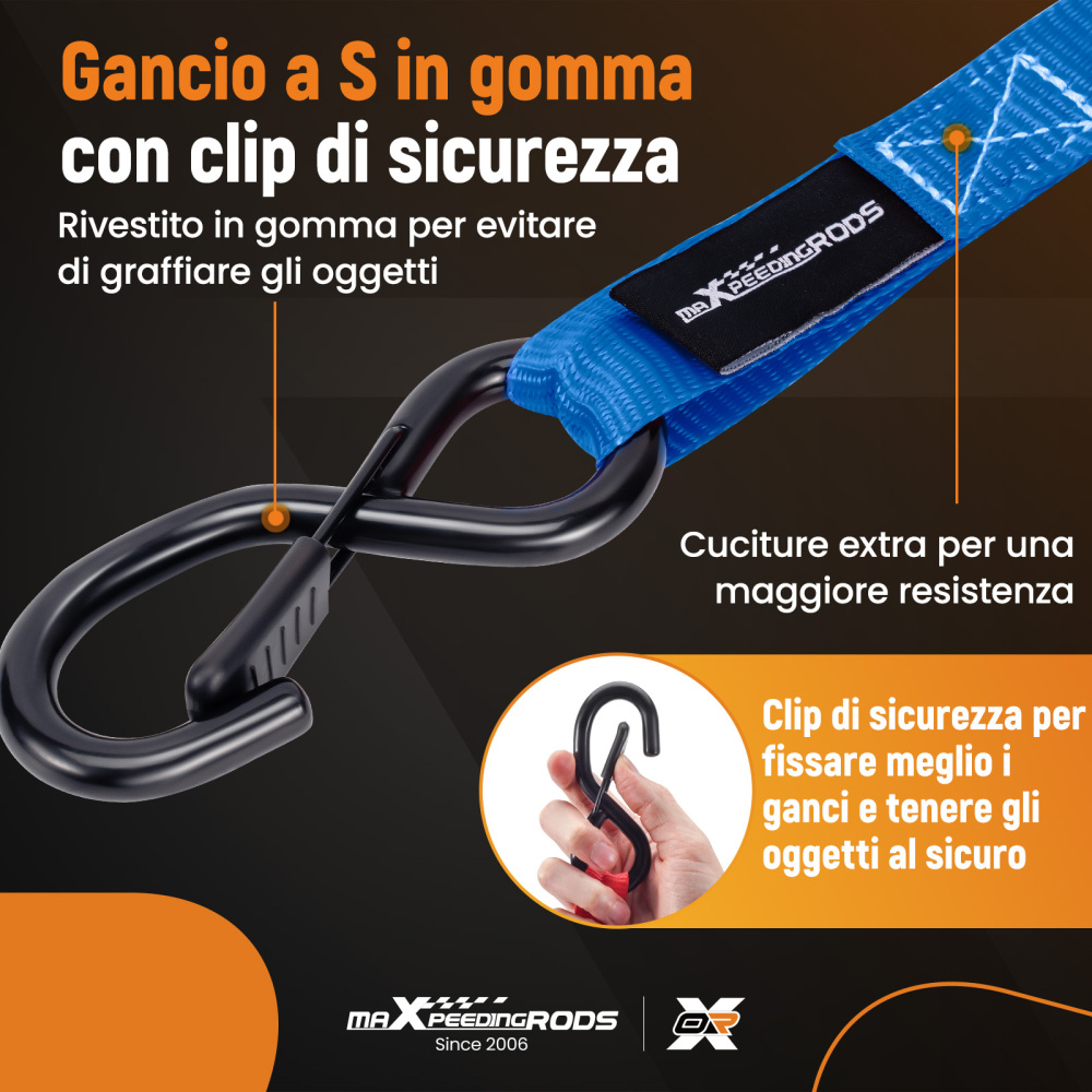 4x Cinghie di Tensione CricchettoGancio a S con clip 25mm * 4,5 Blu 997kg
