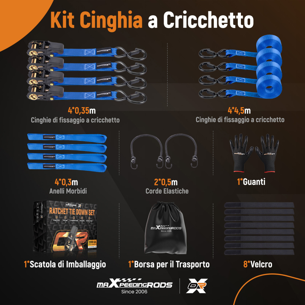 4x Cinghie di Tensione CricchettoGancio a S con clip 25mm * 4,5 Blu 997kg