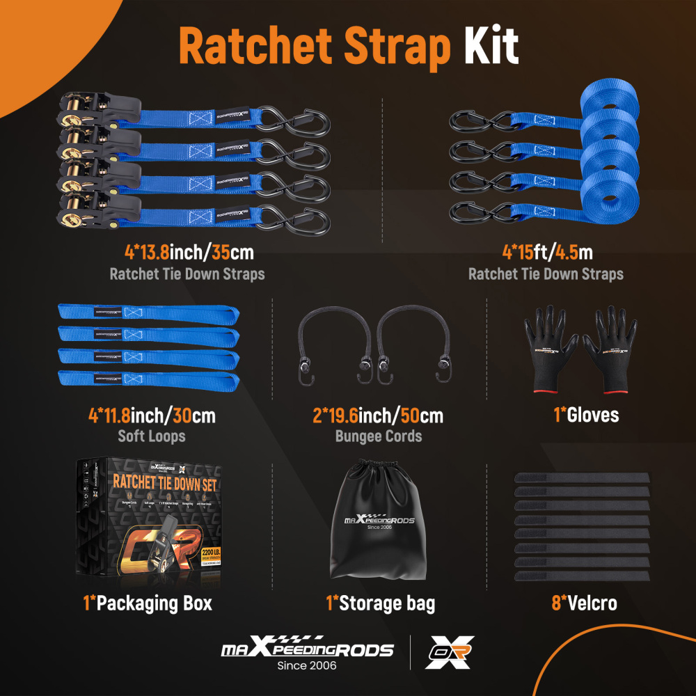 Ratchet Tie Down Set Heavy Duty 2200 lb w/ Safety Clip for Transport Motorcycle