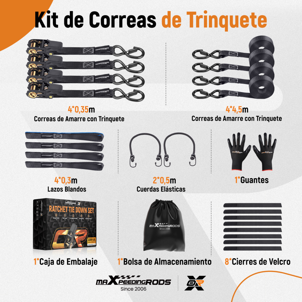 4x Kit Correas de Sujeción Trinquete 997kg Resistencia 4.5M Negro con Ganchos S