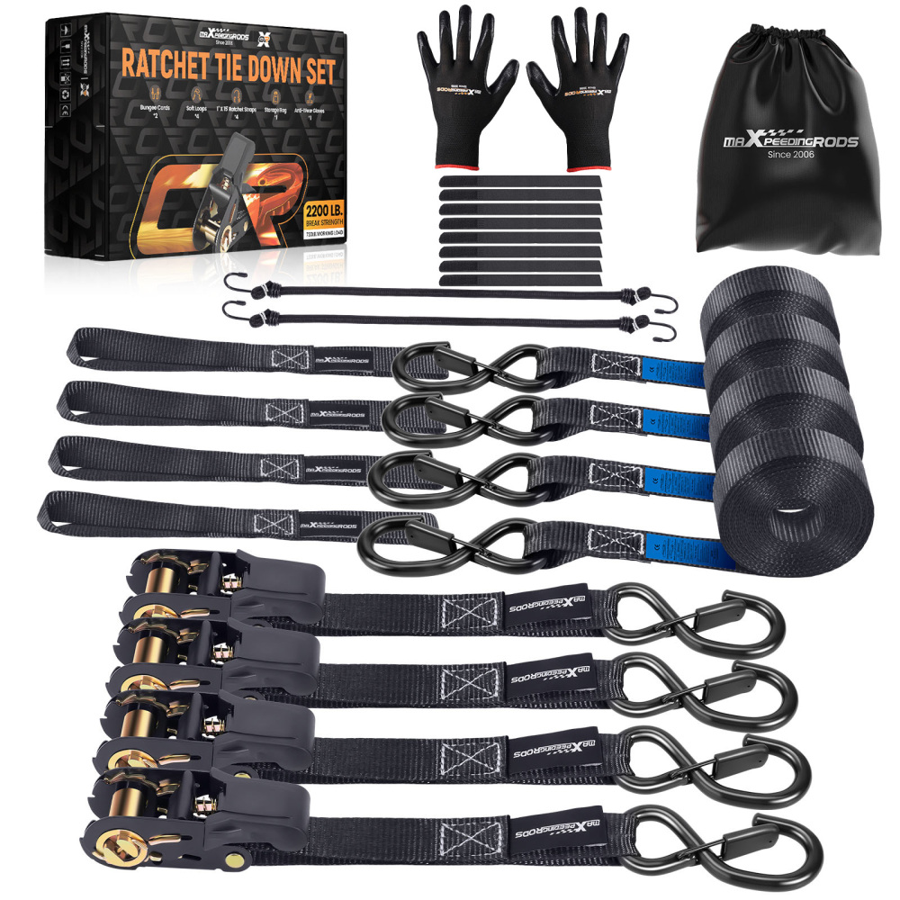 4x Cinghie di Tensione CricchettoGancio a S con clip 25mm * 4,5 Nero 997kg