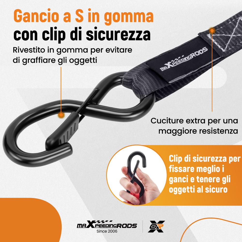 4x Cinghie di Tensione CricchettoGancio a S con clip 25mm * 4,5 Nero 997kg