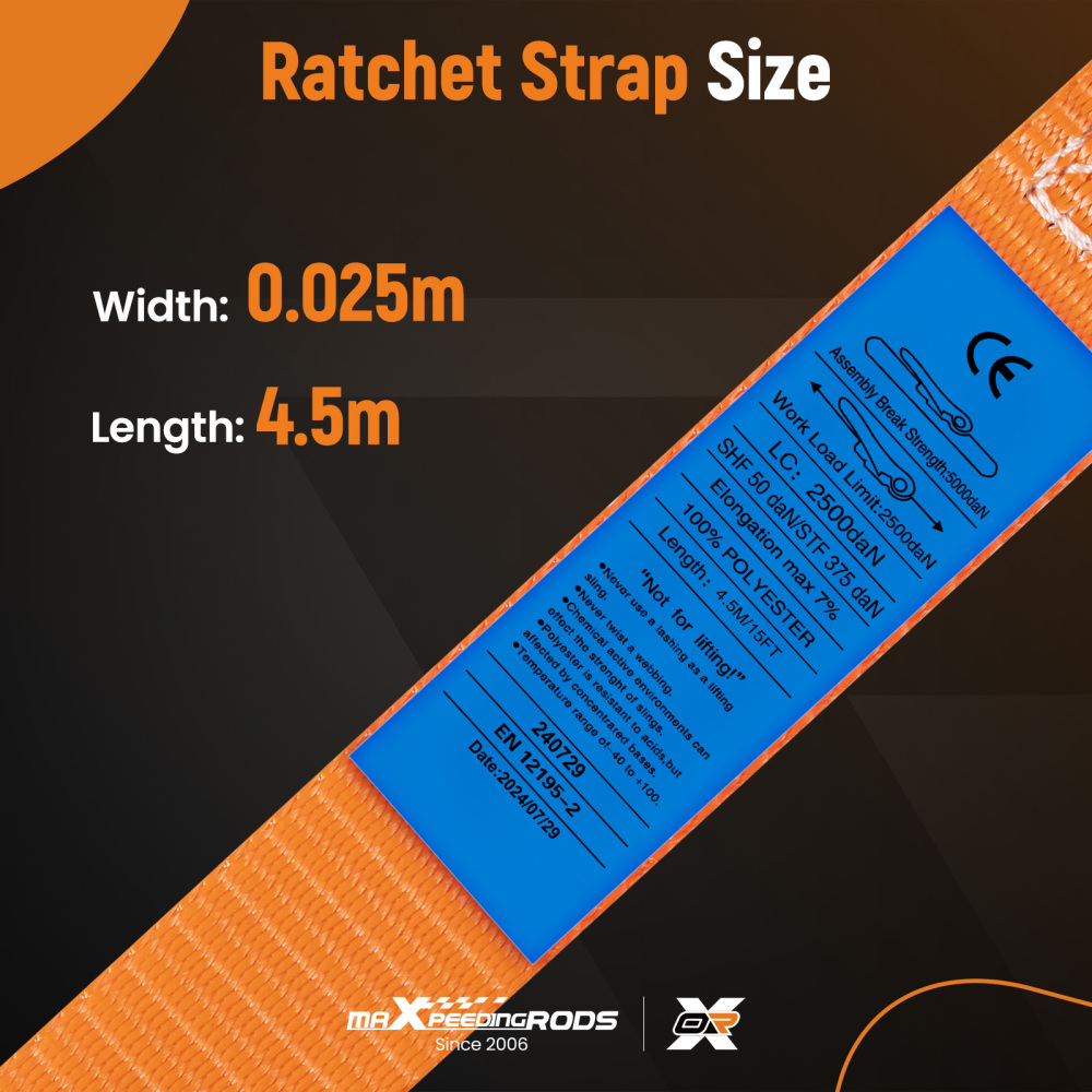 4x Cinghie di Tensione CricchettoGancio a S con clip 25mm * 4,5 Arancia 997kg