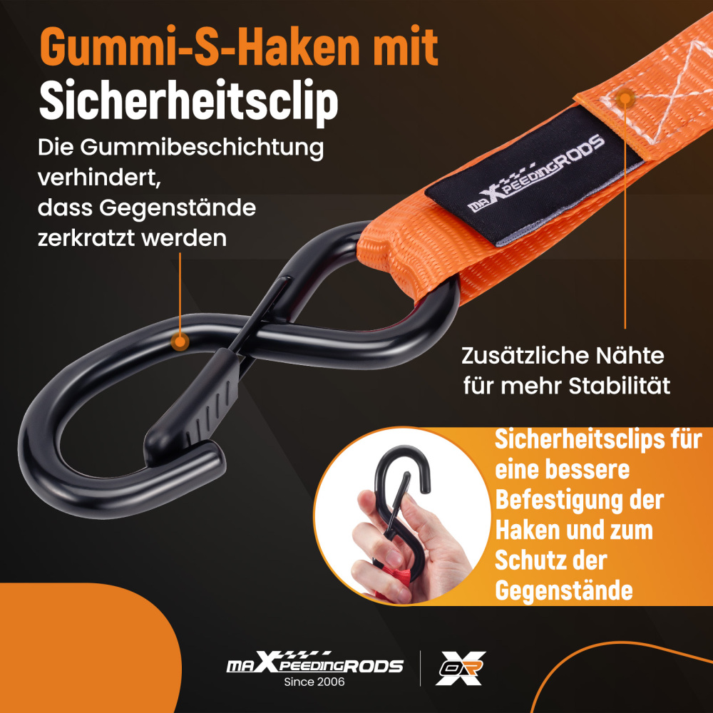 4x Cinghie di Tensione CricchettoGancio a S con clip 25mm * 4,5 Arancia 997kg