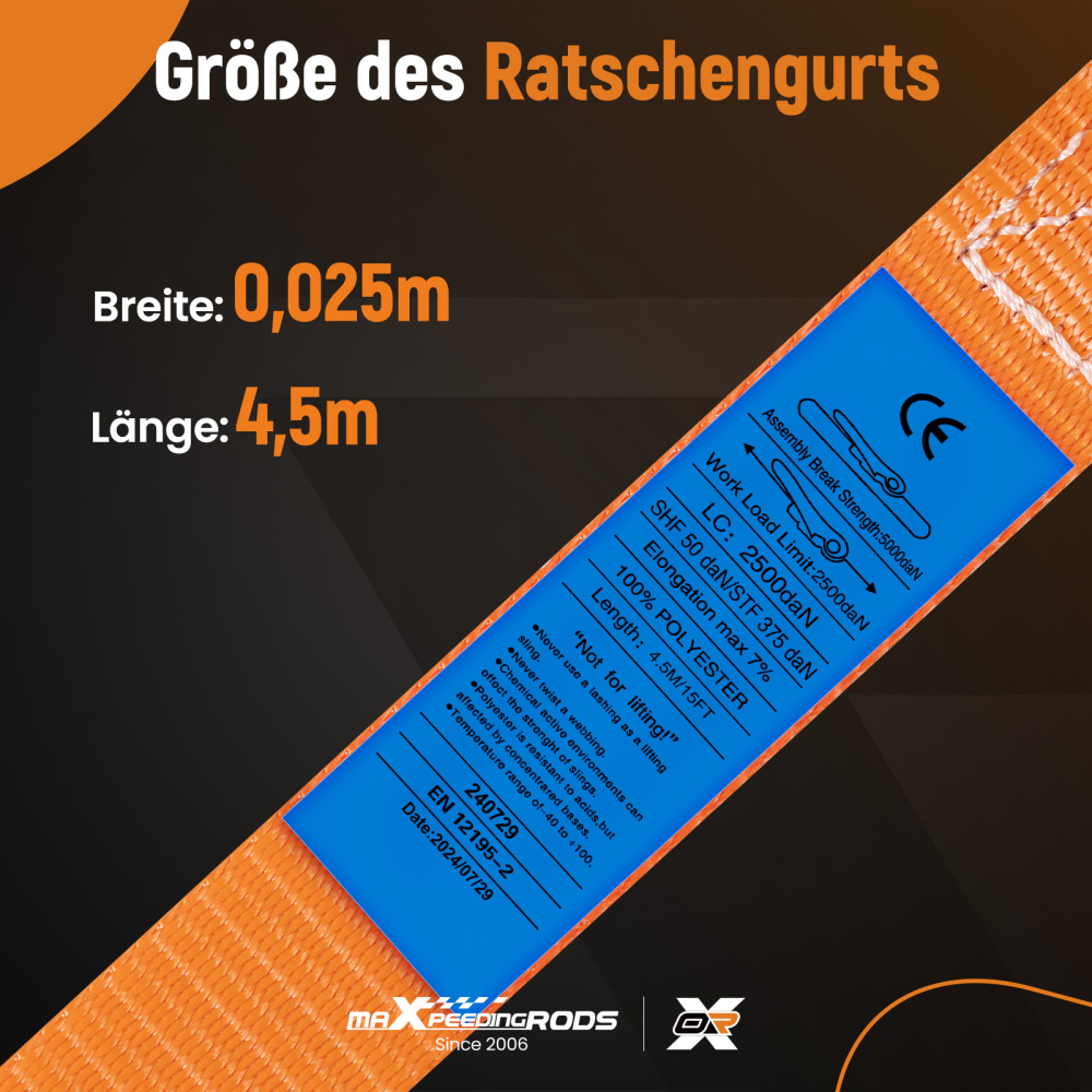 4x Cinghie di Tensione CricchettoGancio a S con clip 25mm * 4,5 Arancia 997kg