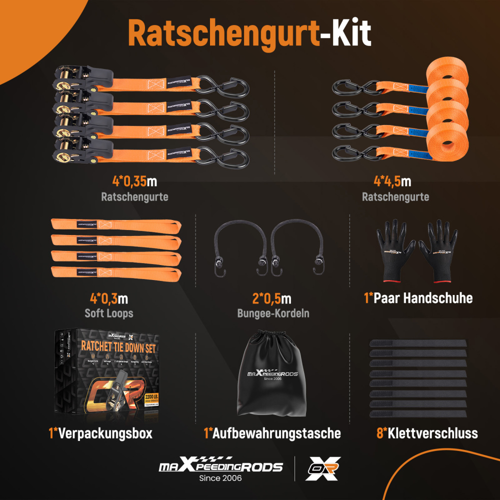 4x Cinghie di Tensione CricchettoGancio a S con clip 25mm * 4,5 Arancia 997kg