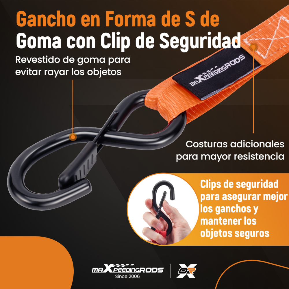 4x Cinghie di Tensione CricchettoGancio a S con clip 25mm * 4,5 Arancia 997kg