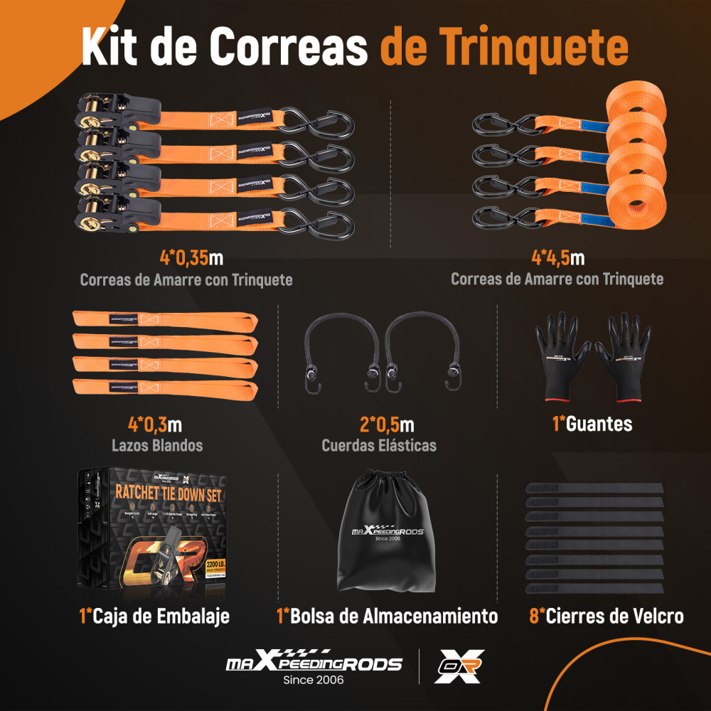 4x Cinghie di Tensione CricchettoGancio a S con clip 25mm * 4,5 Arancia 997kg