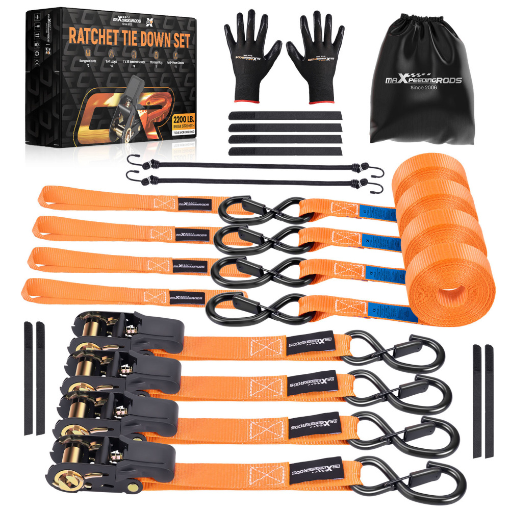 4x Cinghie di Tensione CricchettoGancio a S con clip 25mm * 4,5 Arancia 997kg