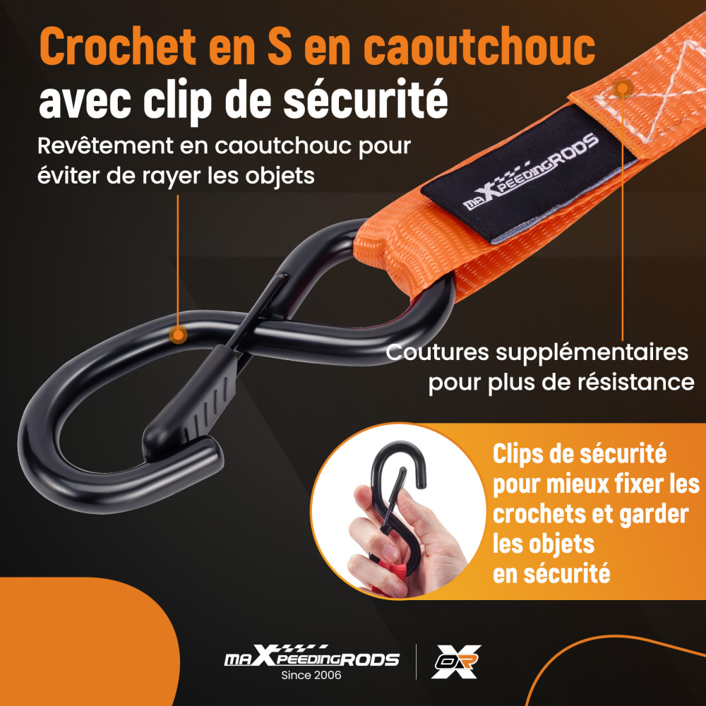4x Cinghie di Tensione CricchettoGancio a S con clip 25mm * 4,5 Arancia 997kg