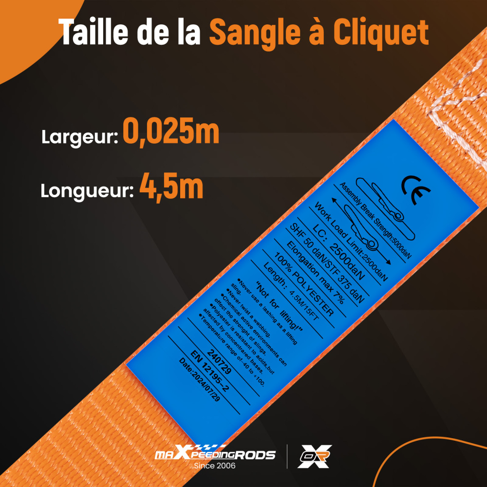 4x Cinghie di Tensione CricchettoGancio a S con clip 25mm * 4,5 Arancia 997kg