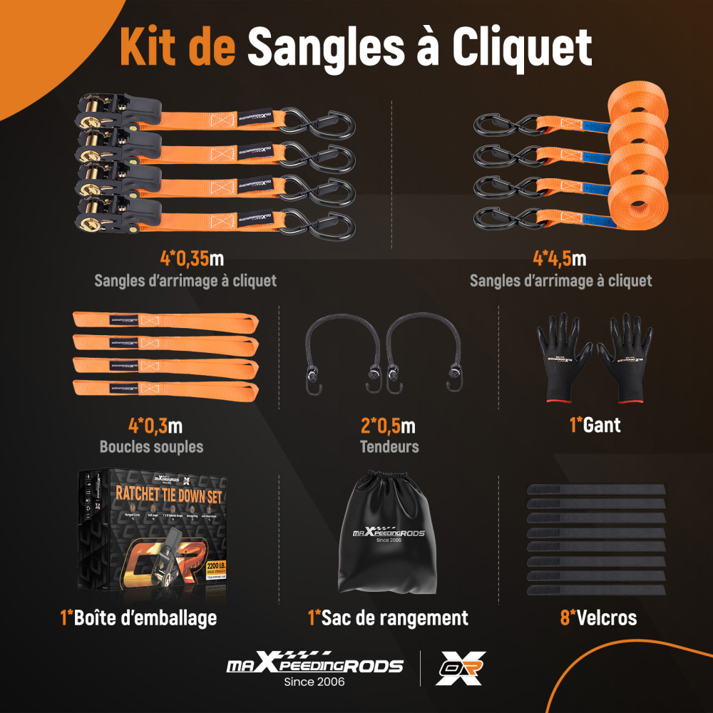 4x Cinghie di Tensione CricchettoGancio a S con clip 25mm * 4,5 Arancia 997kg