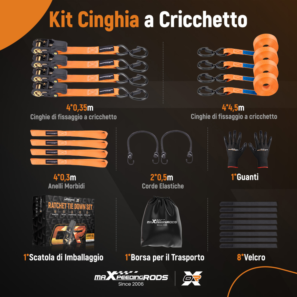 4x Cinghie di Tensione CricchettoGancio a S con clip 25mm * 4,5 Arancia 997kg