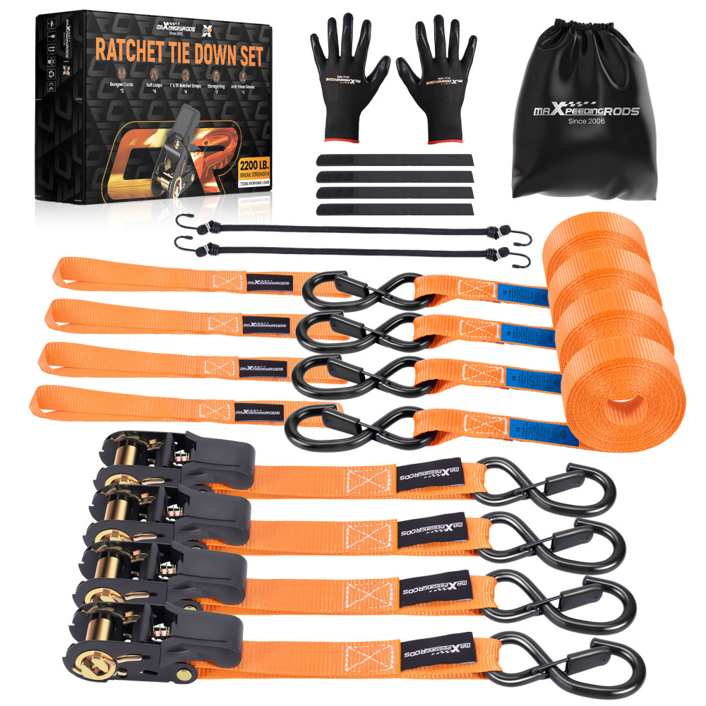 4x Cinghie di Tensione CricchettoGancio a S con clip 25mm * 4,5 Arancia 997kg