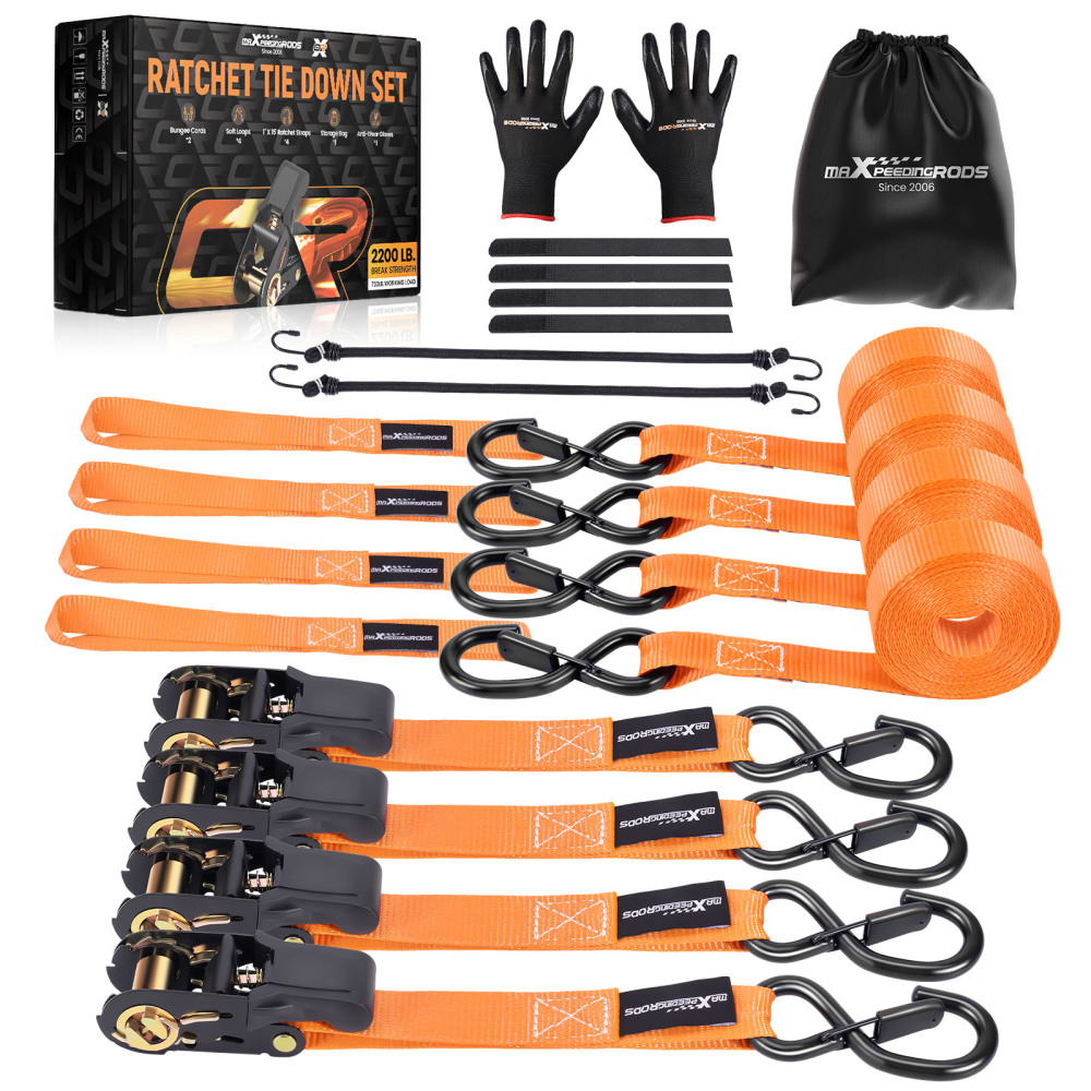 4 Pack Ratchet Straps Tie Down Orange 2200 lbs 15ft for Transport ATV Trailer