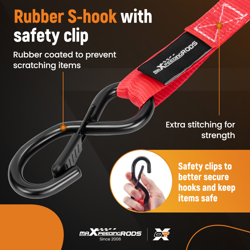 4x Cinghie di Tensione Cricchetto Gancio a S con clip 25mm * 4,5m Rosso 997kg