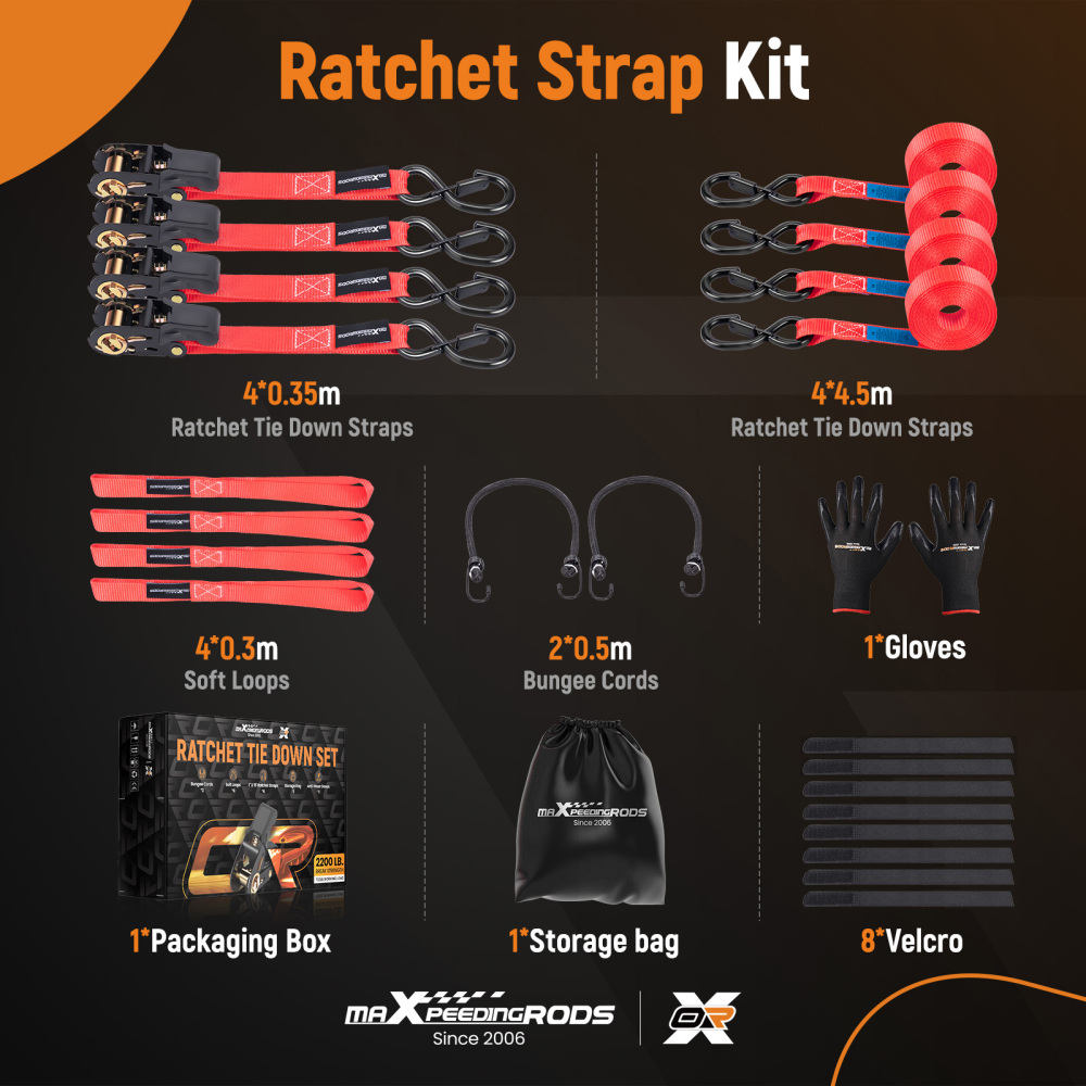 4x Cinghie di Tensione Cricchetto Gancio a S con clip 25mm * 4,5m Rosso 997kg