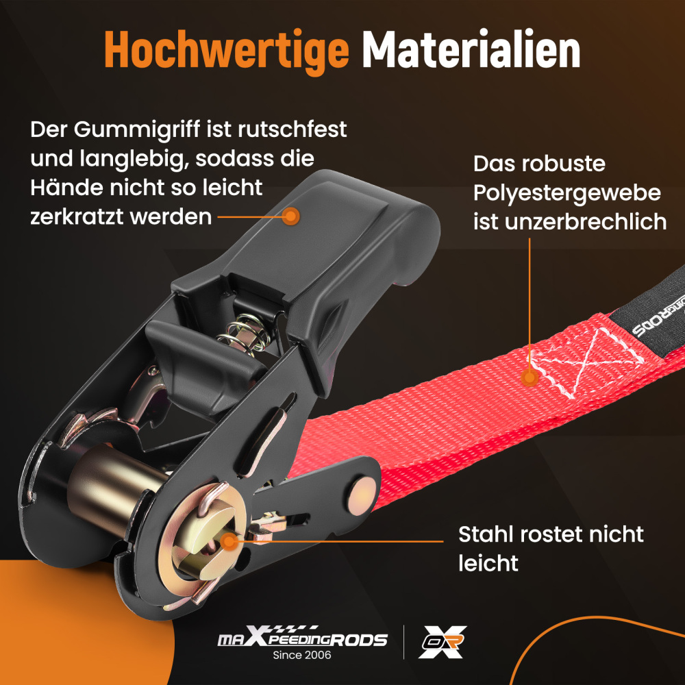 4x Cinghie di Tensione Cricchetto Gancio a S con clip 25mm * 4,5m Rosso 997kg