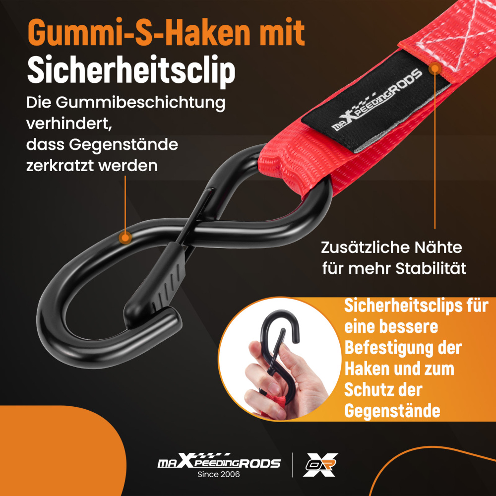 4x Cinghie di Tensione Cricchetto Gancio a S con clip 25mm * 4,5m Rosso 997kg