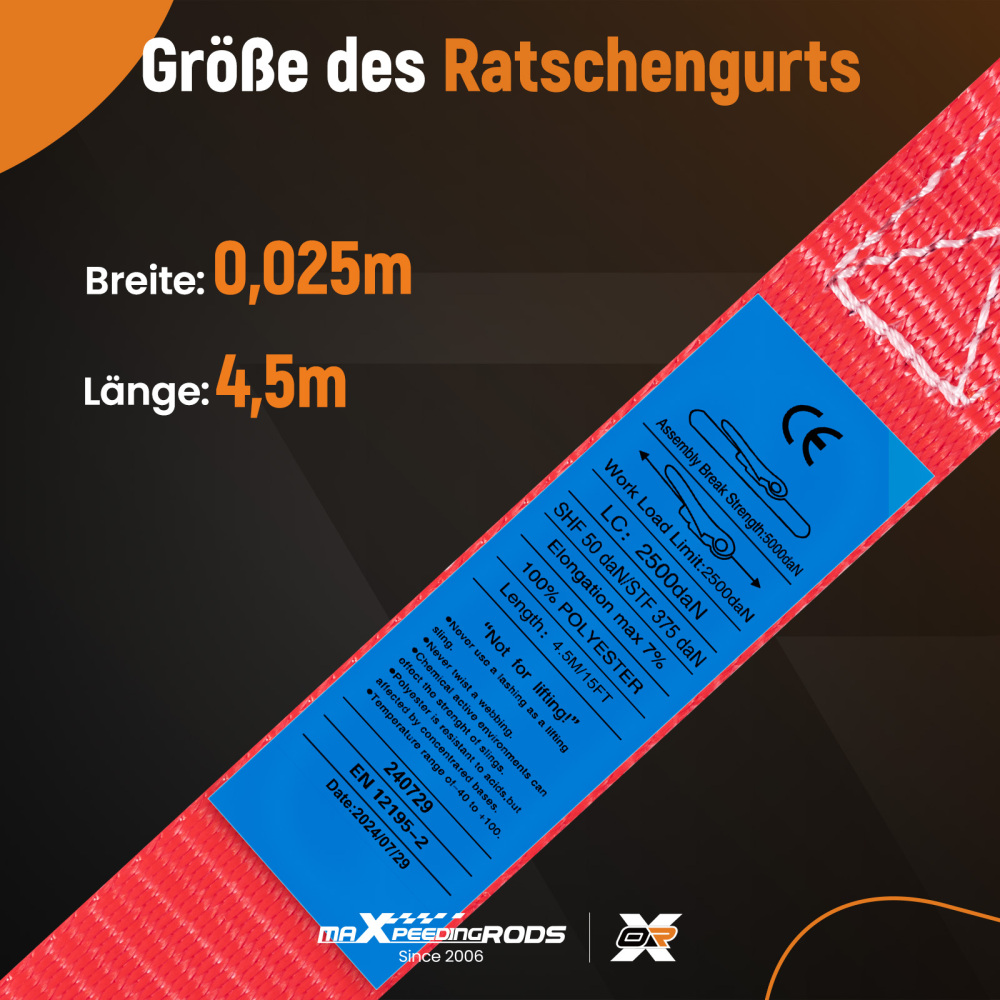 4x Cinghie di Tensione Cricchetto Gancio a S con clip 25mm * 4,5m Rosso 997kg