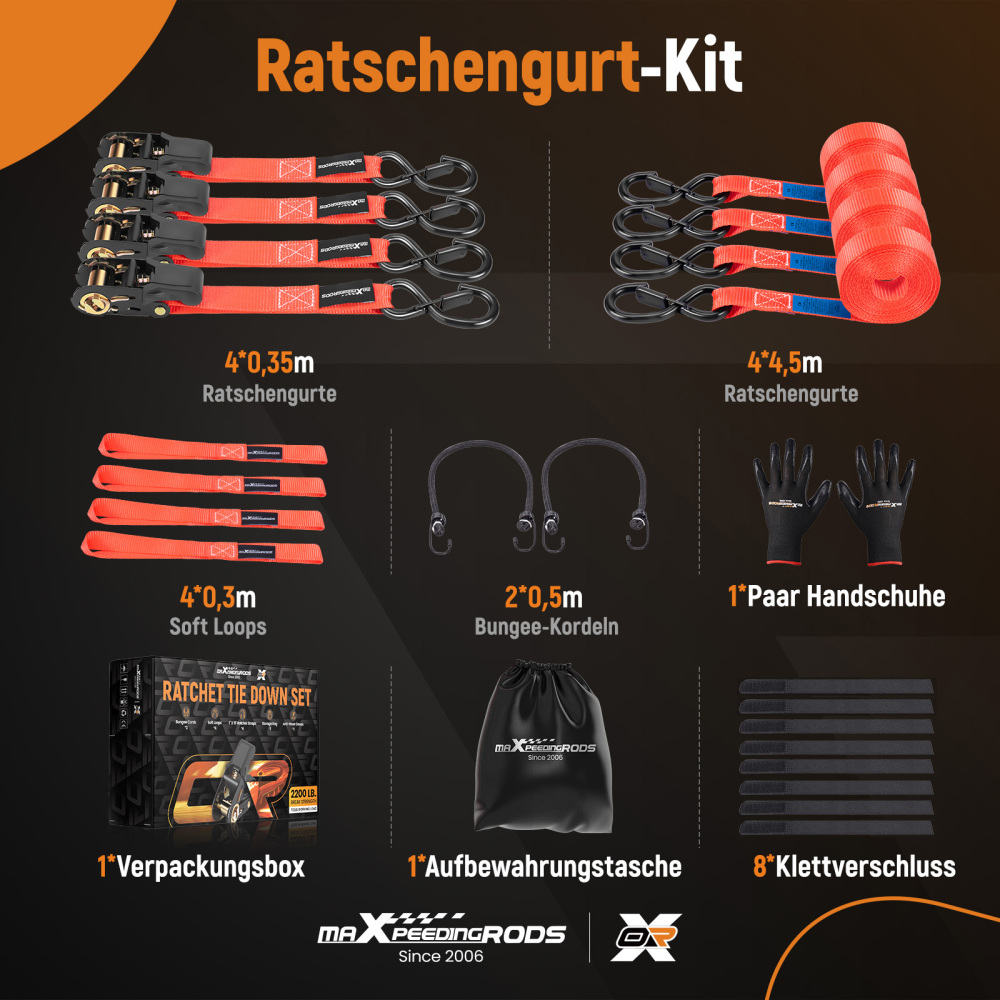 4x Cinghie di Tensione Cricchetto Gancio a S con clip 25mm * 4,5m Rosso 997kg