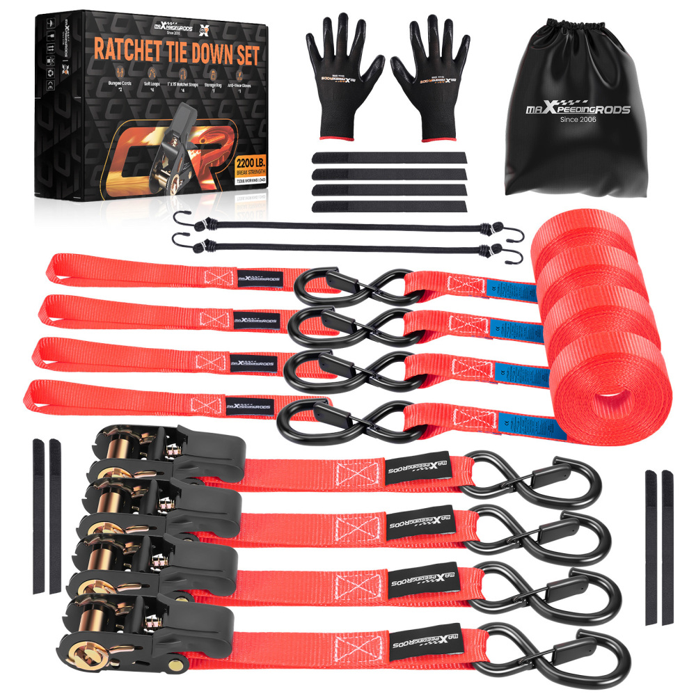 4x Cinghie di Tensione Cricchetto Gancio a S con clip 25mm * 4,5m Rosso 997kg