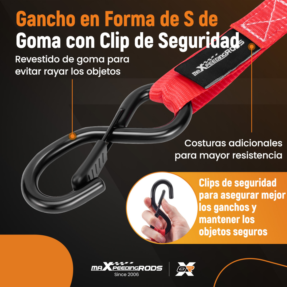4x Cinghie di Tensione Cricchetto Gancio a S con clip 25mm * 4,5m Rosso 997kg