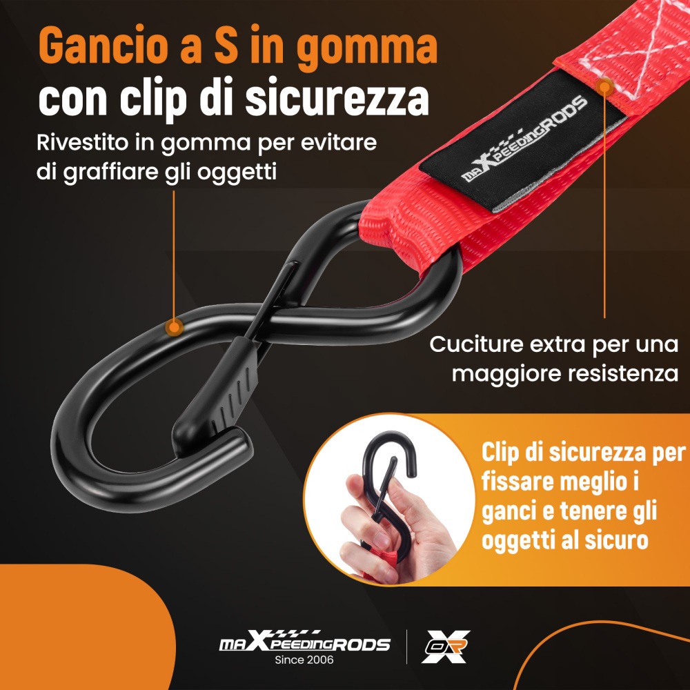 4x Cinghie di Tensione Cricchetto Gancio a S con clip 25mm * 4,5m Rosso 997kg