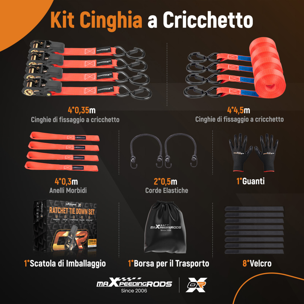 4x Cinghie di Tensione Cricchetto Gancio a S con clip 25mm * 4,5m Rosso 997kg